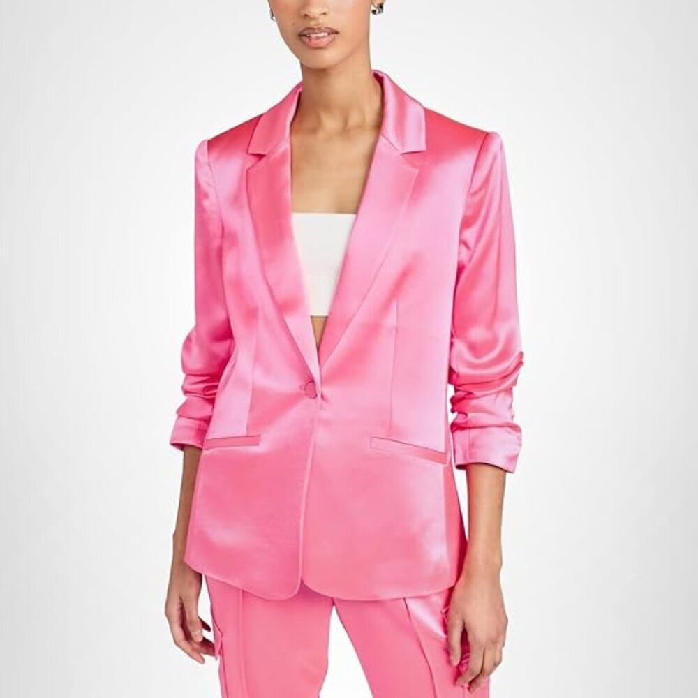 Cinq à Sept 'Kylie' 3/4 Ruched-Sleeve Satin Jacket Blazer, Electric Pink